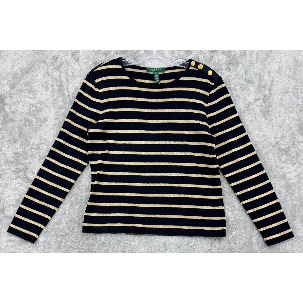 Ralph Lauren Sweater Womens Medium Striped Nautical Metallic Preppy Stretch Knit